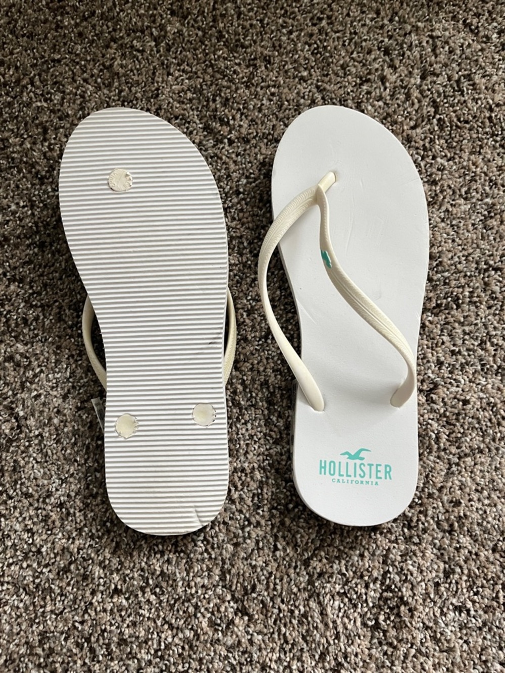 Hollister White Flip Flops with Mint Logo and Ivory Straps